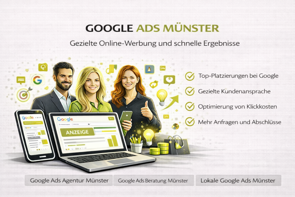 Google Ads Münster: Google Ads Agentur Münster für gezielte Online-Werbung und schnelle Ergebnisse. Münster Online-Werbung.