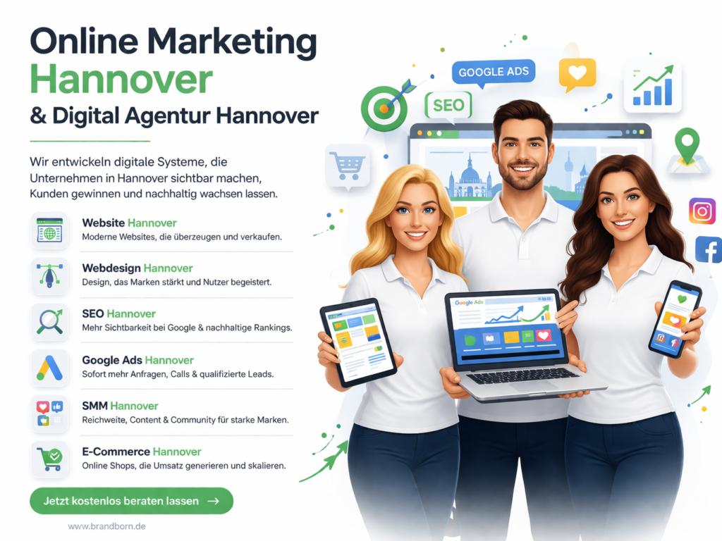 Online Marketing Hannover von Brandborn: Website Hannover, SEO Hannover, Google Ads Hannover, SMM Hannover und Webdesign Hannover für Unternehmen.