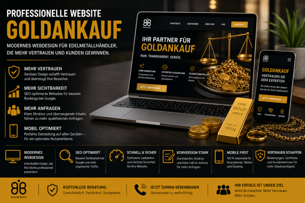 Website Goldankauf professionell erstellen lassen. Modernes Webdesign Goldankauf mit SEO, Vertrauen, Goldankauf Website erstellen.