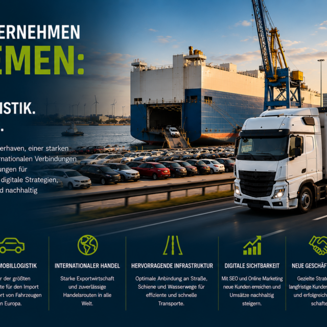 Hero banner promoting Bremen logistics: a white truck on a highway beside a port with a large blue cargo ship and skyline at sunset.