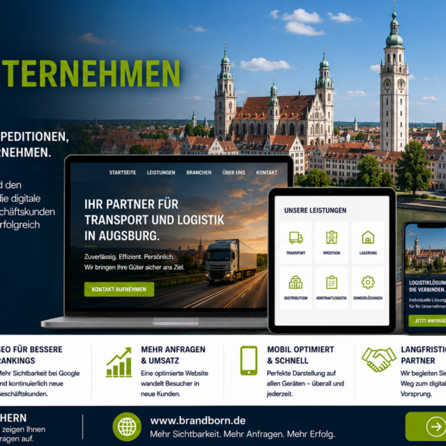 Hero banner promoting Augsburg logistics company: skyline with cathedral, trucks and devices showing services and contact CTA in German.