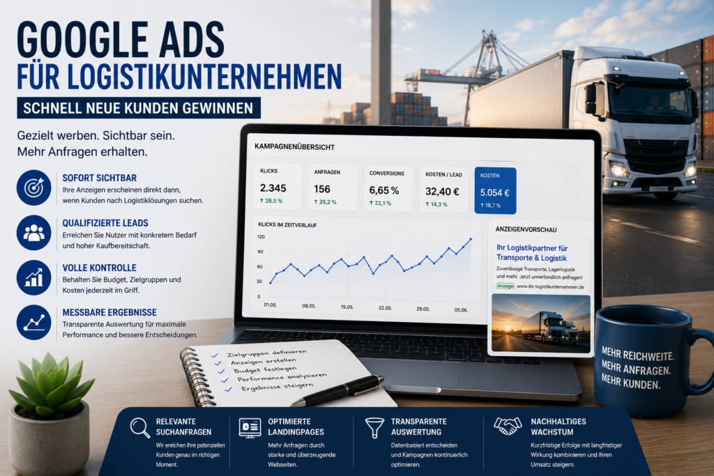 Google Ads für Logistikunternehmen, SEO Logistikunternehmen, SEA Logistikunternehmen, PPC Logistikunternehmen, Online Werbung für Logistikunternehmen
