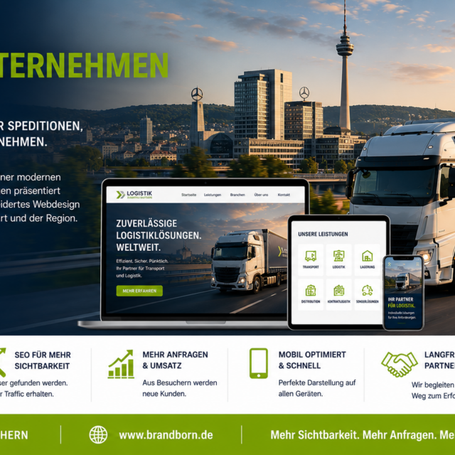 Banner für Logistik-Webdesign in Stuttgart: Stadt skyline, vorbeifahrender Lastzug, Geräte zeigen Website-Layout und grüne Akzente.