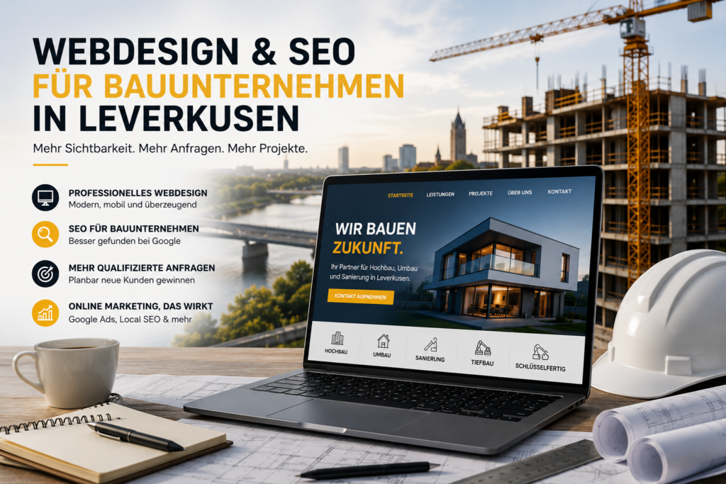 Webdesign Bauunternehmen Leverkusen, SEO Bauunternehmen Leverkusen, Website Bauunternehmen Leverkusen, Local SEO Bauunternehmen, Bauunternehmen Kunden gewinnen