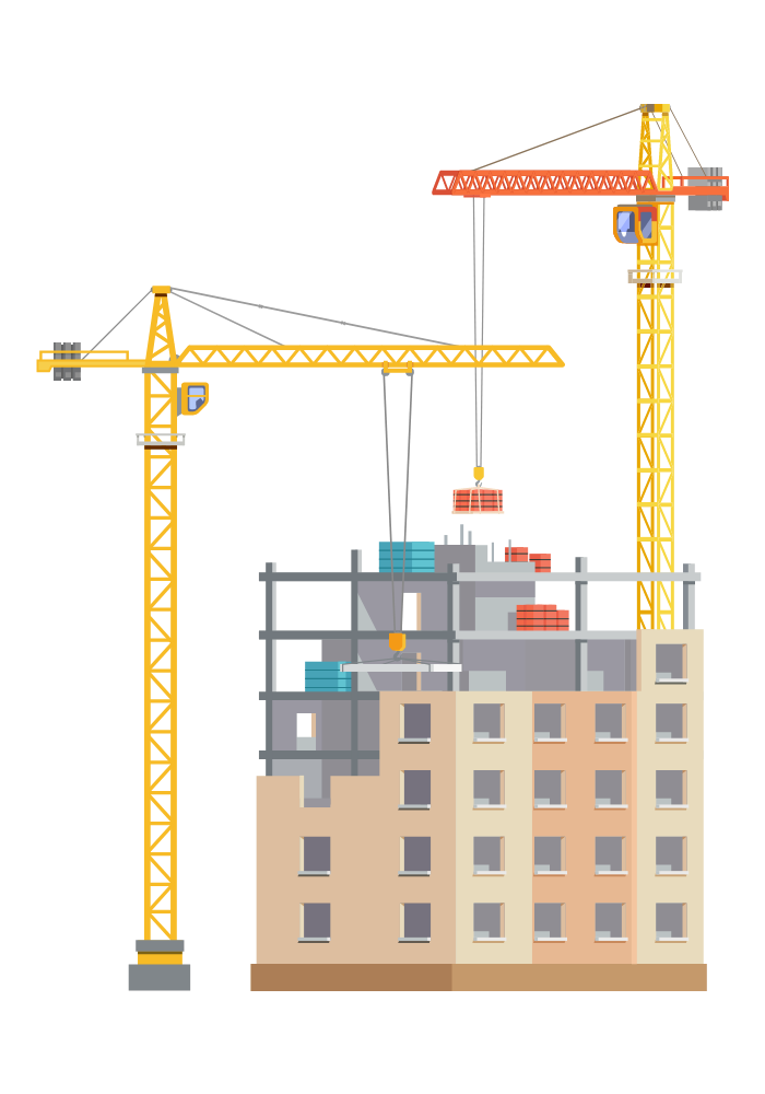 1 - Brand Born Website SEO SMM Digital Marketing Two yellow cranes tower over a partially completed multi-story building with scaffolding and materials on site.