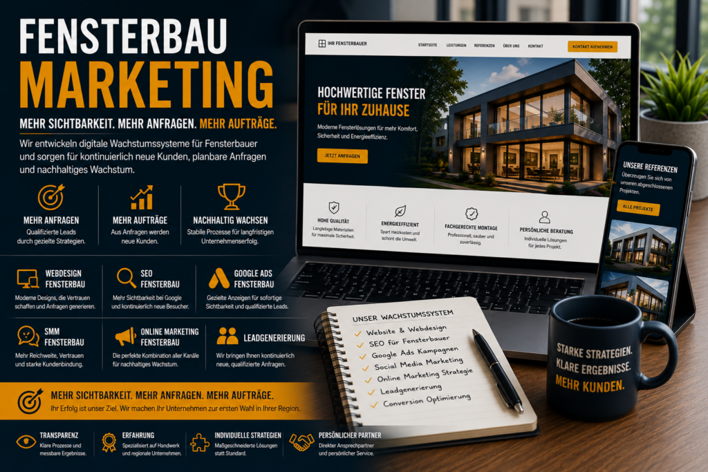 Fensterbau Marketing, SEO Fensterbau, Webdesign Fensterbau, Google Ads Fensterbau, Online Marketing Fensterbau, SMM Fensterbau.