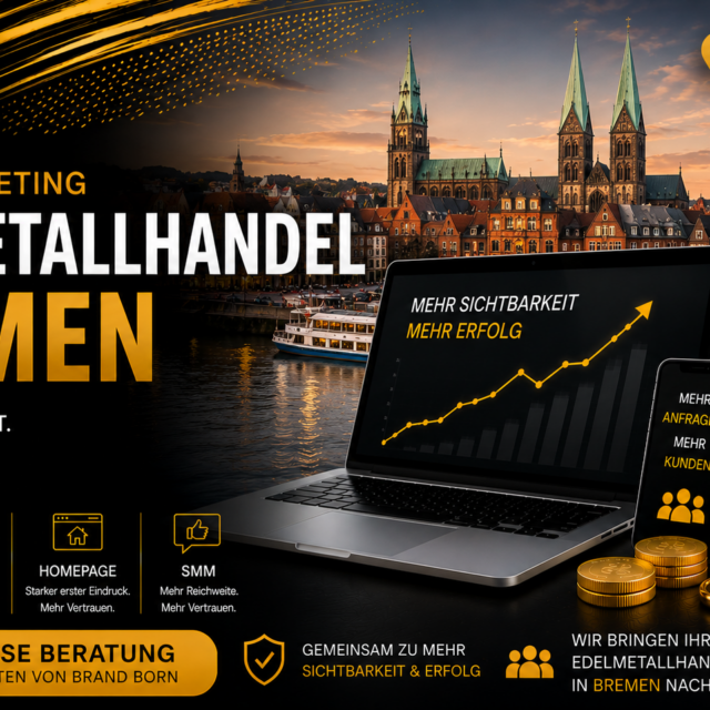 Online Marketing Banner for Edelmetallhandel Bremen with a laptop showing a rising chart, gold bars, coins and a cityscape background.