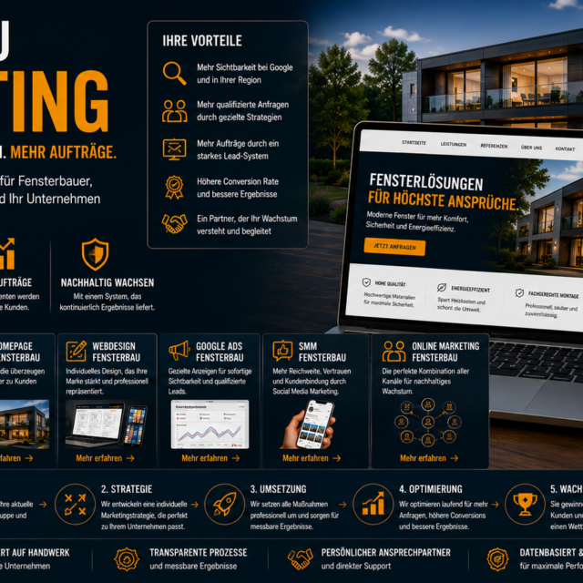 Fensterbau Marketing, SEO Fensterbau, Webdesign Fensterbau, Google Ads Fensterbau, Online Marketing Fensterbau, SMM Fensterbau.