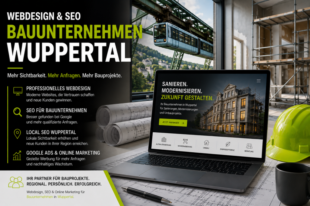 Webdesign Bauunternehmen Wuppertal, SEO Bauunternehmen Wuppertal, Website Bauunternehmen Wuppertal, Local SEO Bauunternehmen, Bauunternehmen Kunden gewinnen