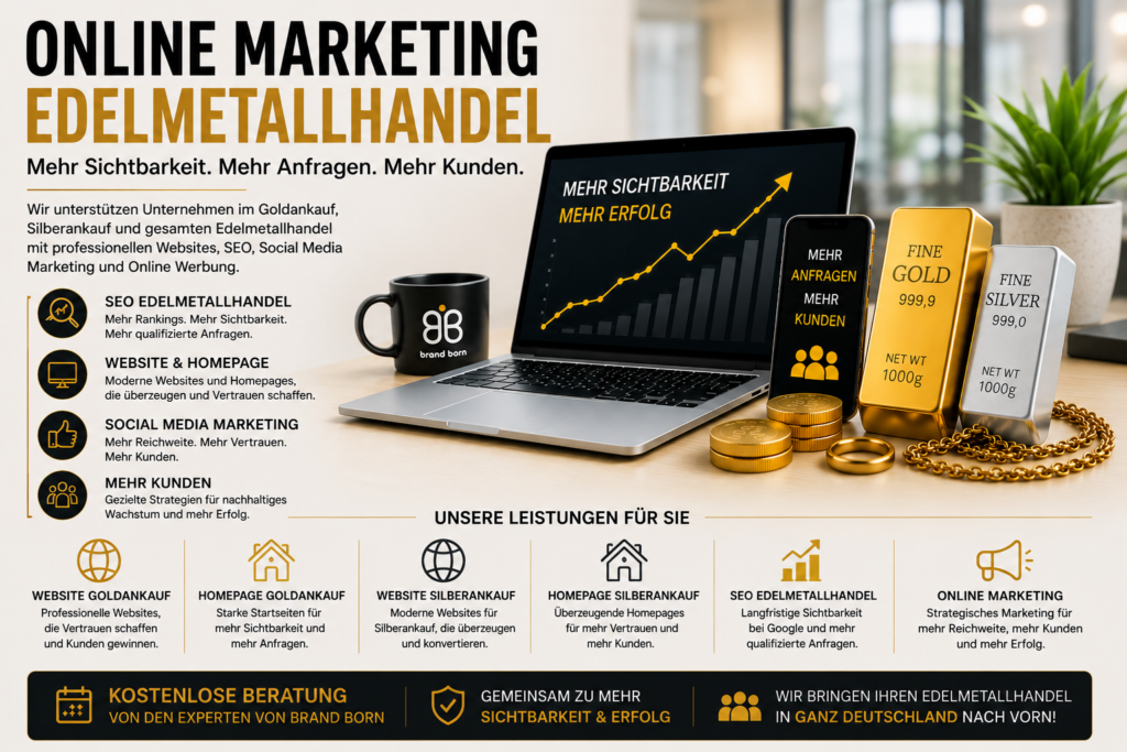 Online Marketing Edelmetallhandel mit professioneller Website Goldankauf, Homepage Goldankauf, Website Silberankauf, Homepage Silberankauf und SEO für Edelmetallhändler in ganz Deutschland. - Brand Born Website SEO SMM Digital Marketing Online Marketing Edelmetallhandel mit professioneller Website Goldankauf, Homepage Goldankauf, Website Silberankauf, Homepage Silberankauf und SEO für Edelmetallhändler in ganz Deutschland.
