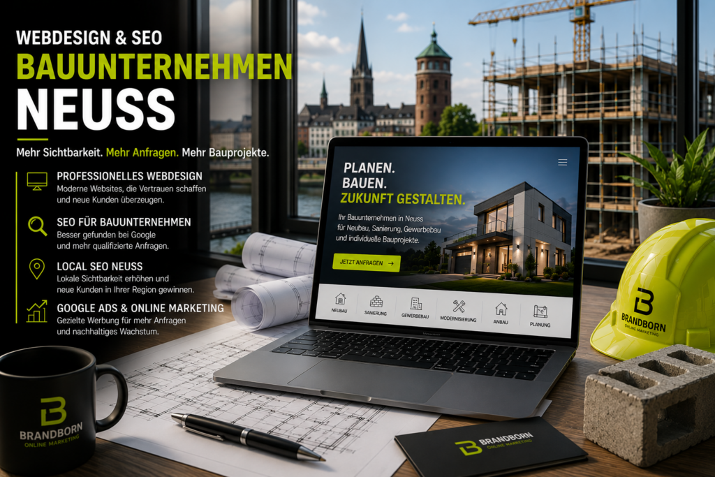 Webdesign Bauunternehmen Neuss, SEO Bauunternehmen Neuss, Website Bauunternehmen Neuss, Local SEO Bauunternehmen, Bauunternehmen Kunden gewinnen
