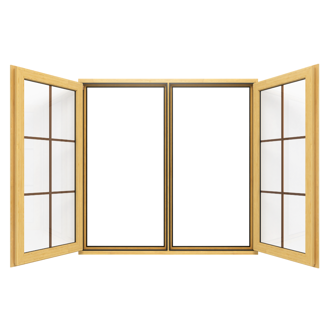 Three-panel wooden window with side sashes open; center panes closed, light wood frame and glass panels visible on the sides.