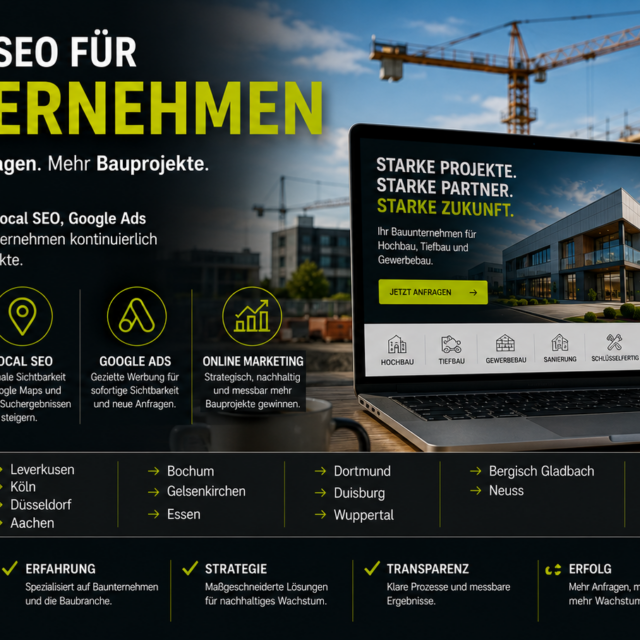 Webdesign für Bauunternehmen, SEO für Bauunternehmen, Local SEO, Google Ads und Online Marketing für mehr Sichtbarkeit, Anfragen und Bauprojekte.