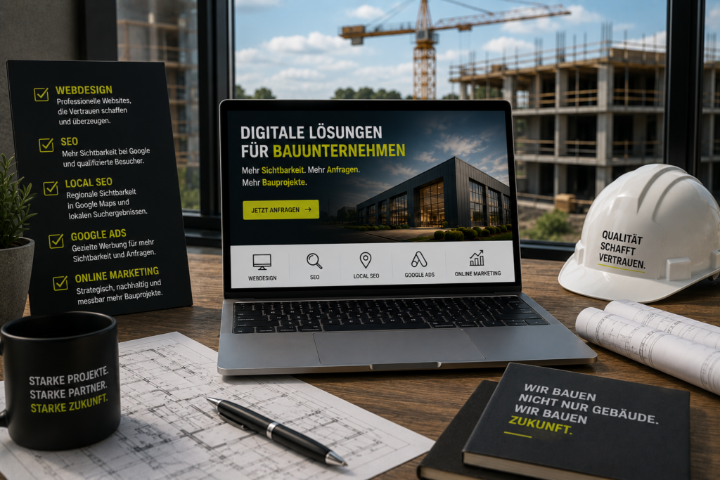 Webdesign für Bauunternehmen, SEO für Bauunternehmen, Local SEO, Google Ads und Online Marketing für mehr Sichtbarkeit, Anfragen und Bauprojekte.