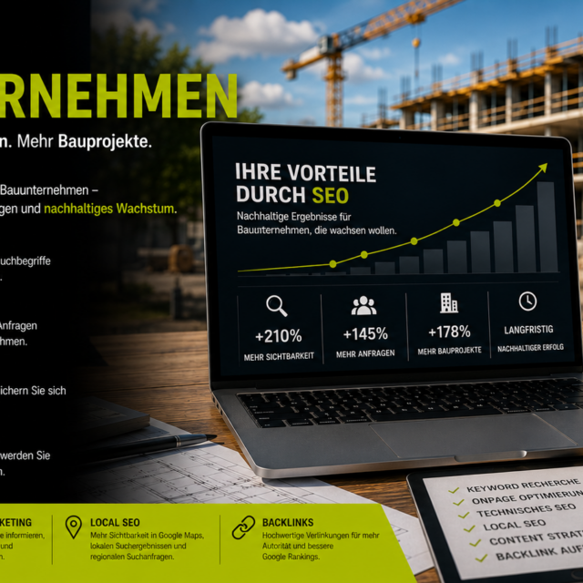 SEO für Bauunternehmen, Suchmaschinenoptimierung Bauunternehmen, Local SEO Bauunternehmen und mehr qualifizierte Anfragen für Bauprojekte.