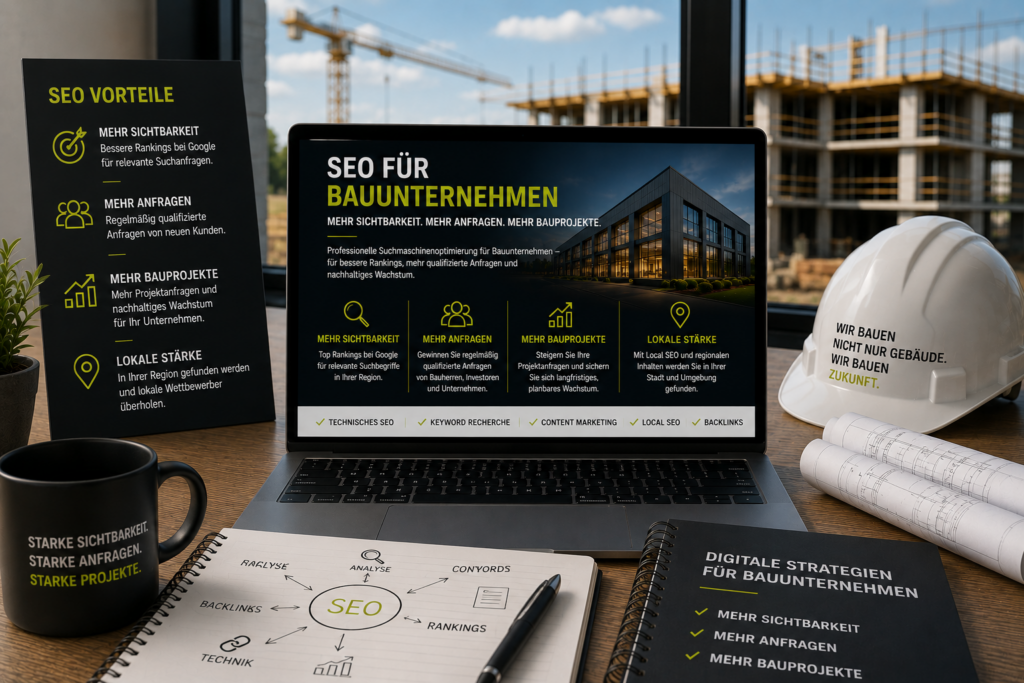 SEO für Bauunternehmen, Suchmaschinenoptimierung Bauunternehmen, Local SEO Bauunternehmen und mehr qualifizierte Anfragen für Bauprojekte.