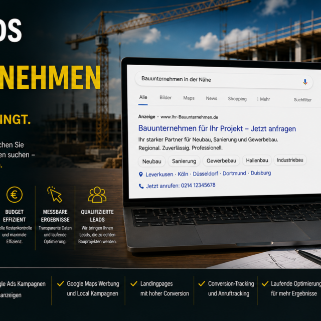 Bannerwerbung für Bauunternehmen: Große Textbotschaft über Goog­le Ads, Hintergrund mit Kran und Baugerüst, Laptop zeigt Suchergebnis und Bauhelm daneben, Fokus auf Sichtbarkeit und Anfragen.
