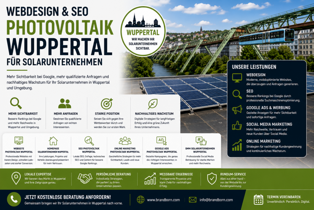 Webdesign Photovoltaik Wuppertal, SEO Solarunternehmen Wuppertal. SEO Photovoltaik Wuppertal, Webseite Photovoltaik Wuppertal, SMM Solarunternehmen Wuppertal