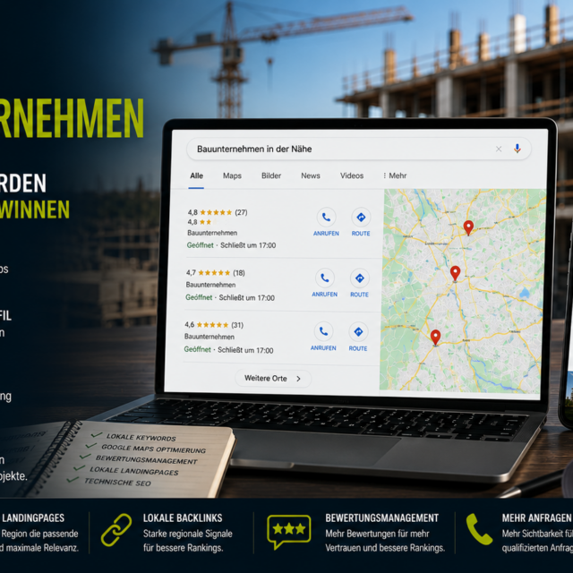 Bannerwerbung: Lokale SEO für Bauunternehmen mit Laptop- und Smartphone-Displays vor einer Baustelle, Karte sichtbar