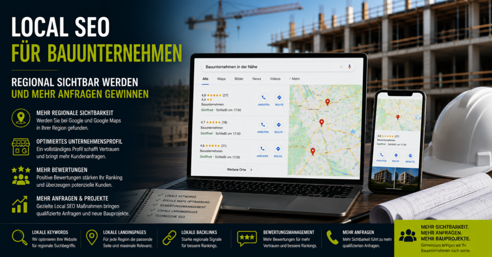 Local SEO für Bauunternehmen, regionale Sichtbarkeit Bauunternehmen, Google Maps Bauunternehmen, Local SEO Bauunternehmen Bauunternehmen - Brand Born Website SEO SMM Digital Marketing Bannerwerbung: Lokale SEO für Bauunternehmen mit Laptop- und Smartphone-Displays vor einer Baustelle, Karte sichtbar