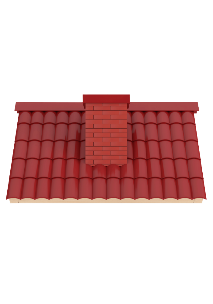 Red ceramic-tiled roof with a brick chimney in the center.