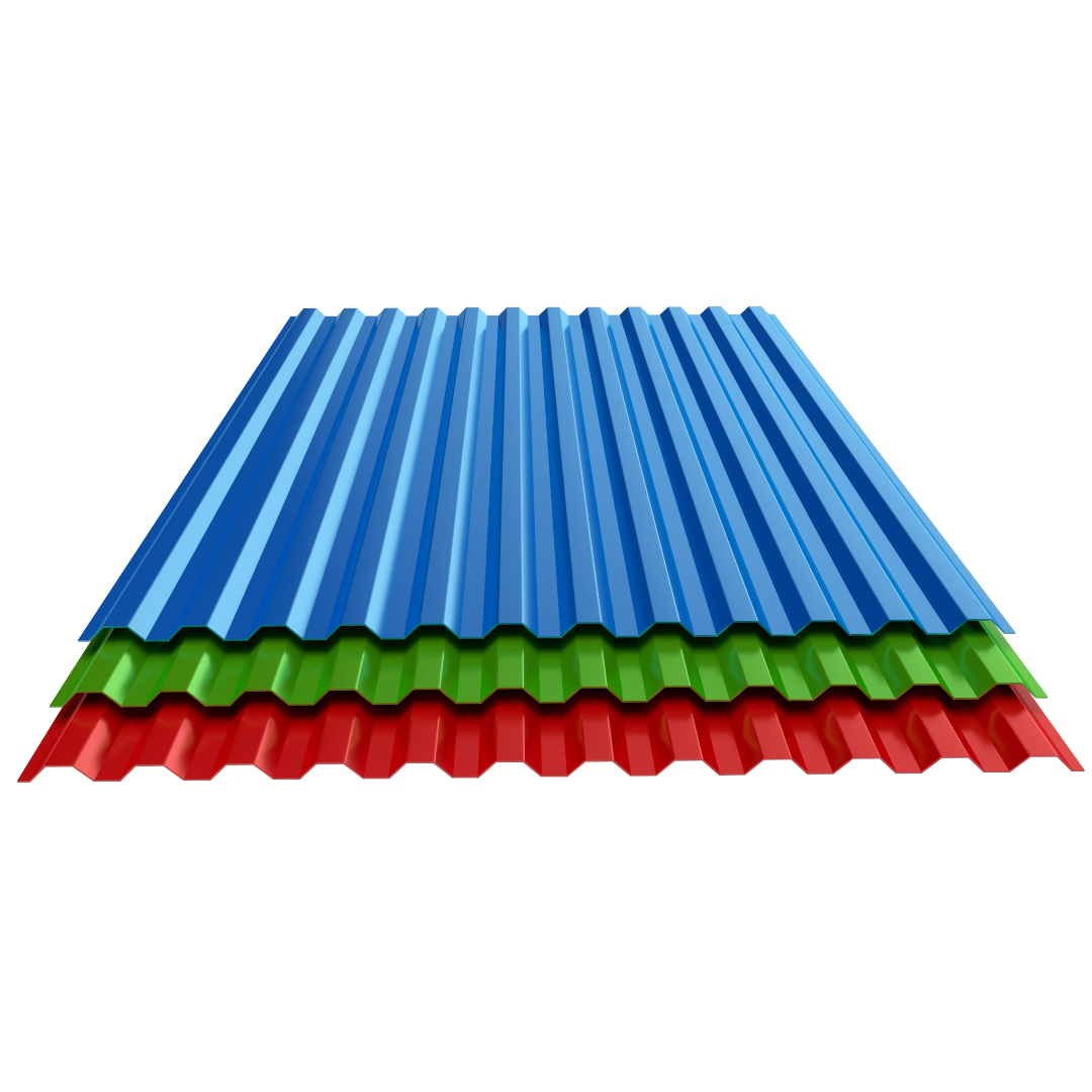 Stack of colorful corrugated metal roofing sheets in blue, green, and red, layered together.