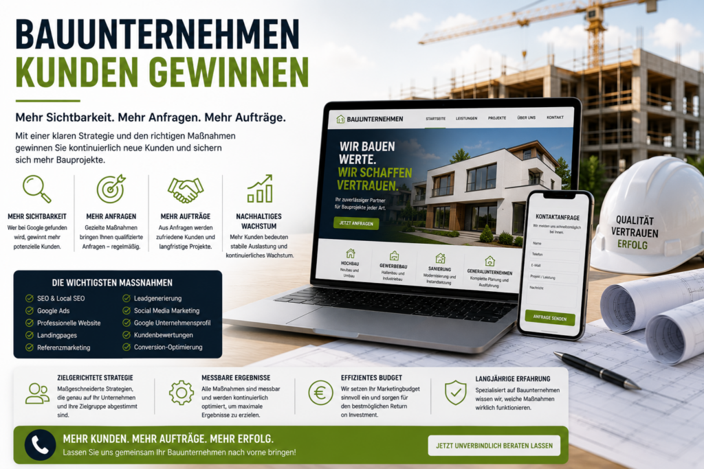Leadgenerierung für Bauunternehmen, Leads für Bauunternehmen, Bauunternehmen Kunden gewinnen, Mehr Anfragen Bauunternehmen, Bauunternehmen Leads