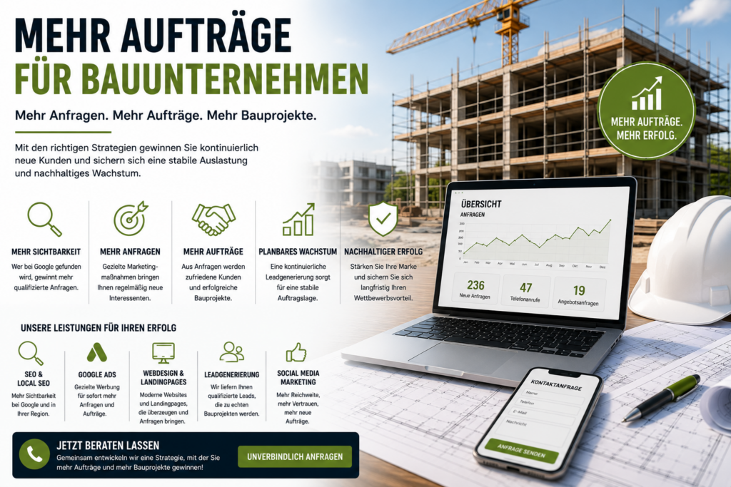 Mehr Aufträge für Bauunternehmen, Bauunternehmen Aufträge gewinnen, Neue Aufträge Bauunternehmen, Mehr Bauprojekte gewinnen, Kundengewinnung Bauunternehmen