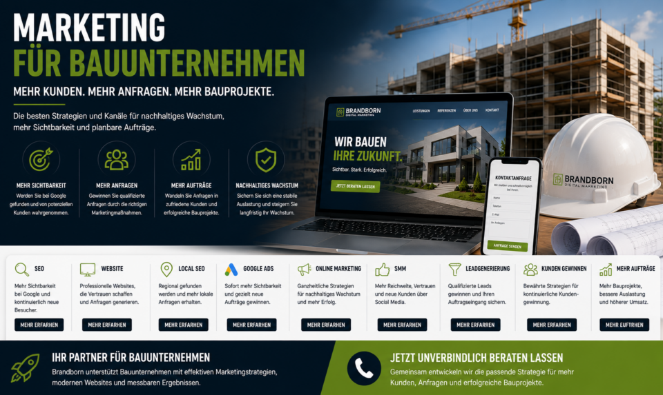 Marketing für Bauunternehmen, Online Marketing Bauunternehmen, SEO für Bauunternehmen, Bauunternehmen Kunden gewinnen, Mehr Aufträge Bauunternehmen - Brand Born Website SEO SMM Digital Marketing Marketing für Bauunternehmen, Online Marketing Bauunternehmen, SEO für Bauunternehmen, Bauunternehmen Kunden gewinnen, Mehr Aufträge Bauunternehmen