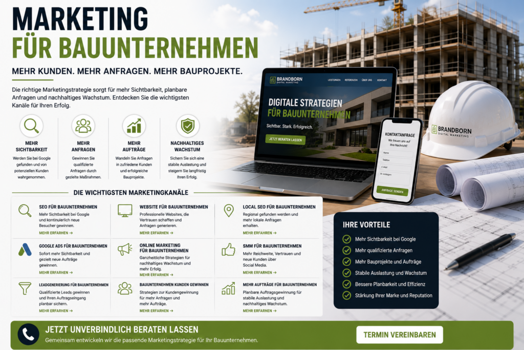 Marketing für Bauunternehmen, Online Marketing Bauunternehmen, SEO für Bauunternehmen, Bauunternehmen Kunden gewinnen, Mehr Aufträge Bauunternehmen - Brand Born Website SEO SMM Digital Marketing Marketing für Bauunternehmen, Online Marketing Bauunternehmen, SEO für Bauunternehmen, Bauunternehmen Kunden gewinnen, Mehr Aufträge Bauunternehmen