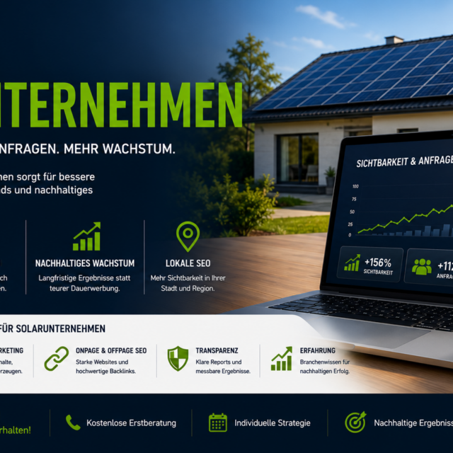 SEO für Solarunternehmen und SEO Agentur Solarunternehmen. Suchmaschinenoptimierung Solarunternehmen, Lokales SEO Solarunternehmen, SEO Photovoltaik
