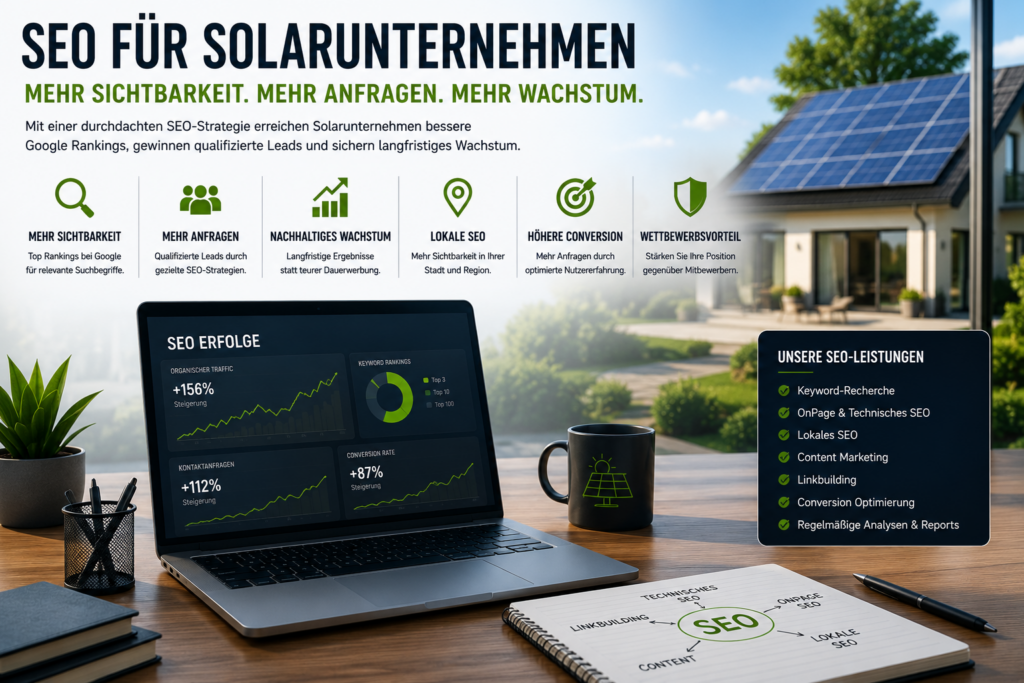 SEO für Solarunternehmen und SEO Agentur Solarunternehmen. Suchmaschinenoptimierung Solarunternehmen, Lokales SEO Solarunternehmen, SEO Photovoltaik