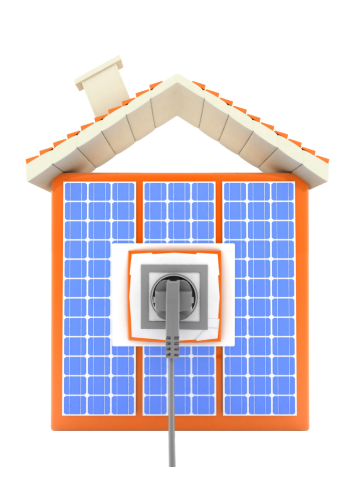 Webdesign Photovoltaik, SEO Solarunternehmen, SEO Photovoltaik, Webseite Photovoltaik, Homepage Solarunternehmen, Webdesign Solarunternehmen - Brand Born Website SEO SMM Digital Marketing House with blue solar panels on the roof and a plugged-in outlet in front, symbolizing home solar energy.