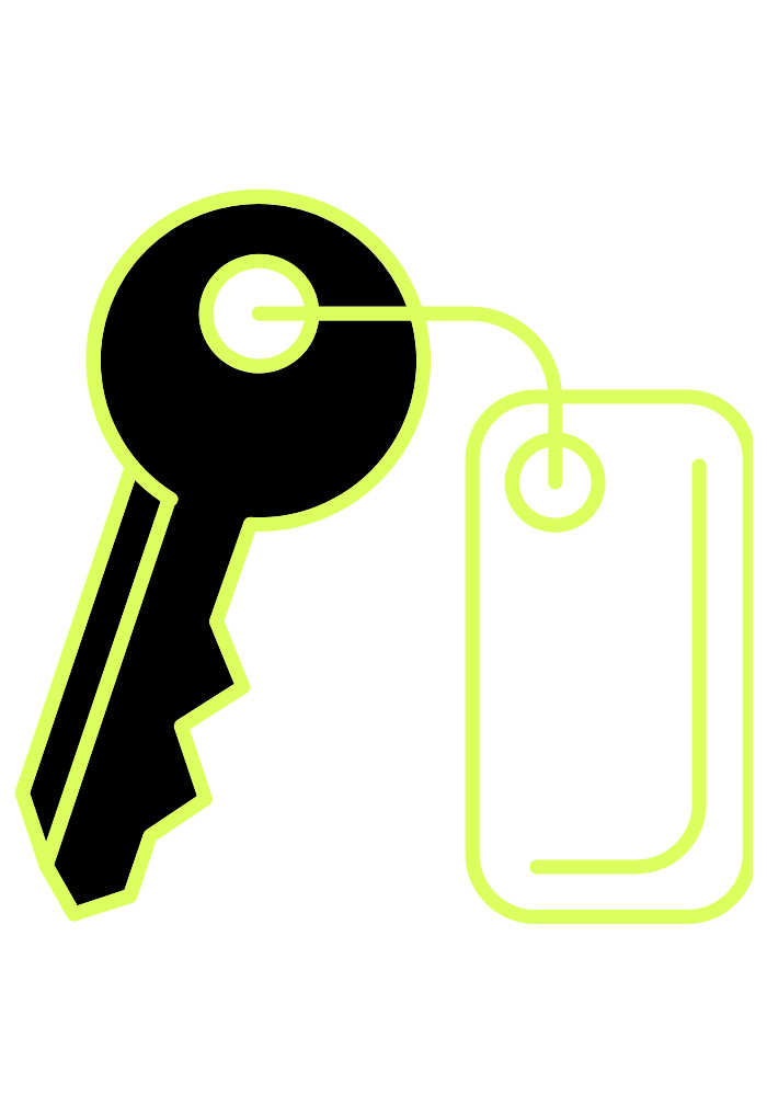 Line-art illustration of a key connected to a rectangular key card by a ring, depicting security access iconography