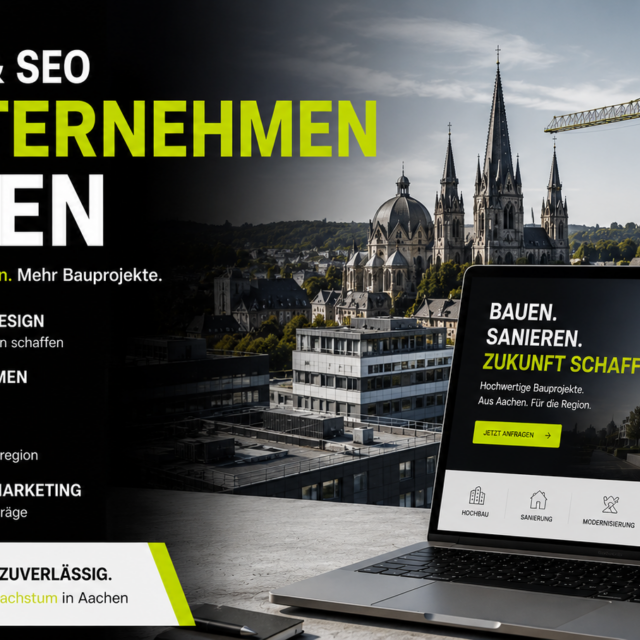 Banner promoting web design and construction services in Aachen, featuring a city skyline, a crane, and a laptop displaying a website.