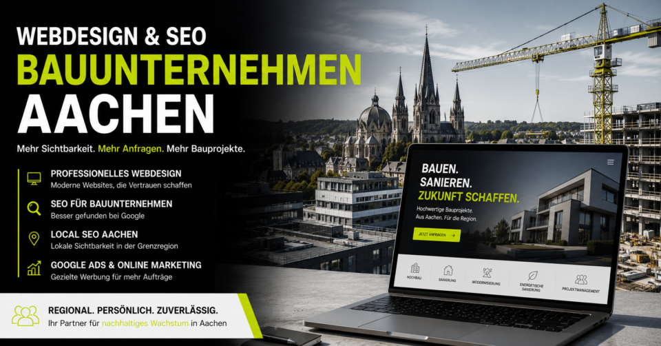 Webdesign Bauunternehmen Aachen, SEO Bauunternehmen Aachen, Website Bauunternehmen Aachen, Local SEO Bauunternehmen, Bauunternehmen Kunden gewinnen - Brand Born Website SEO SMM Digital Marketing Banner promoting web design and construction services in Aachen, featuring a city skyline, a crane, and a laptop displaying a website.