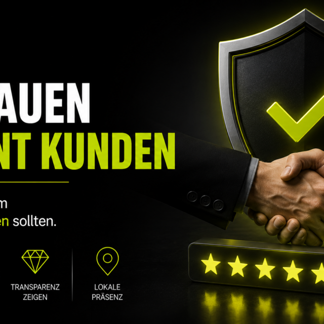 Banner promoting trust as a driver of customers: bold white and lime text 'VERTRAUEN GEWINNT KUNDEN', handshake, glowing shield with a yellow check, a gold bar, and icons for trust, satisfied customers, transparency, and local presence.