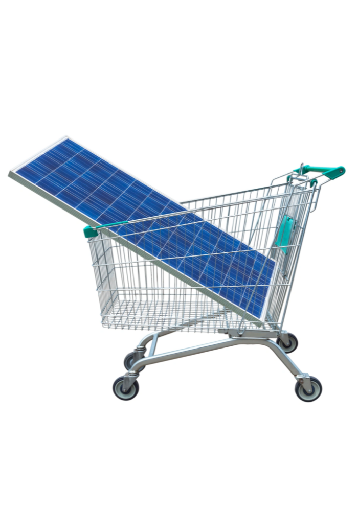 Webdesign Photovoltaik, SEO Solarunternehmen, SEO Photovoltaik, Webseite Photovoltaik, Homepage Solarunternehmen, Webdesign Solarunternehmen - Brand Born Website SEO SMM Digital Marketing Shopping cart tilted with a large blue solar panel resting inside.