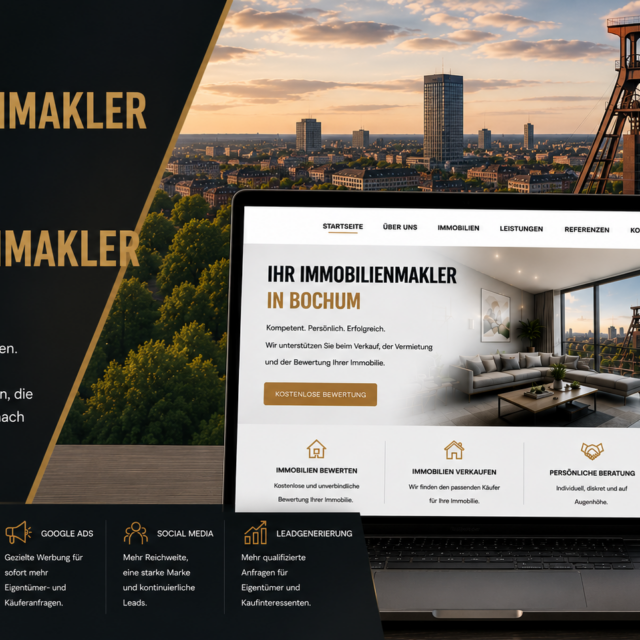 Hero banner for a Webdesign service for Immobilienmakler in Bochum; left dark panel with large gold and white text, right a cityscape with a laptop and smartphone displaying a property website.