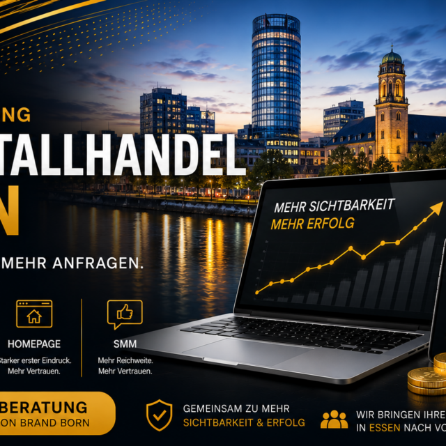 Banner for Brand Born Online Marketing promoting visibility and growth in Essen with cityscape, laptop chart, and gold bars/coins.