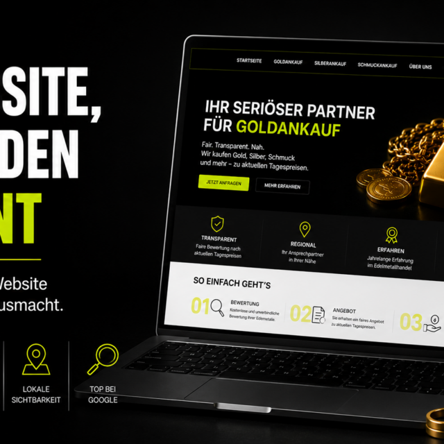 Großes Werbe-Banner: Deutsche Textbotschaft über Website, die Kunden gewinnt, mit schwarzem Hintergrund und Neon-Gelb-Highlight; Laptop zeigt Goldbarren und Werbebildschirm.