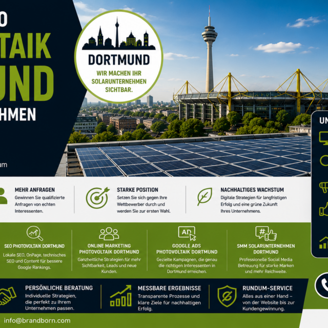 Hero banner promoting Webdesign & SEO for solar companies in Dortmund, featuring solar panels, city skyline and Dortmund logo badge.