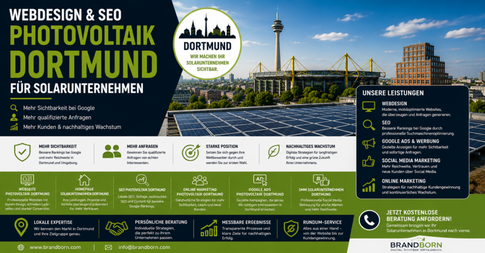 Webdesign Photovoltaik Dortmund SEO Solarunternehmen, SEO Photovoltaik Dortmund, Webseite Photovoltaik Dortmund, Homepage Solarunternehmen Dortmund - Brand Born Website SEO SMM Digital Marketing Hero banner promoting Webdesign & SEO for solar companies in Dortmund, featuring solar panels, city skyline and Dortmund logo badge.