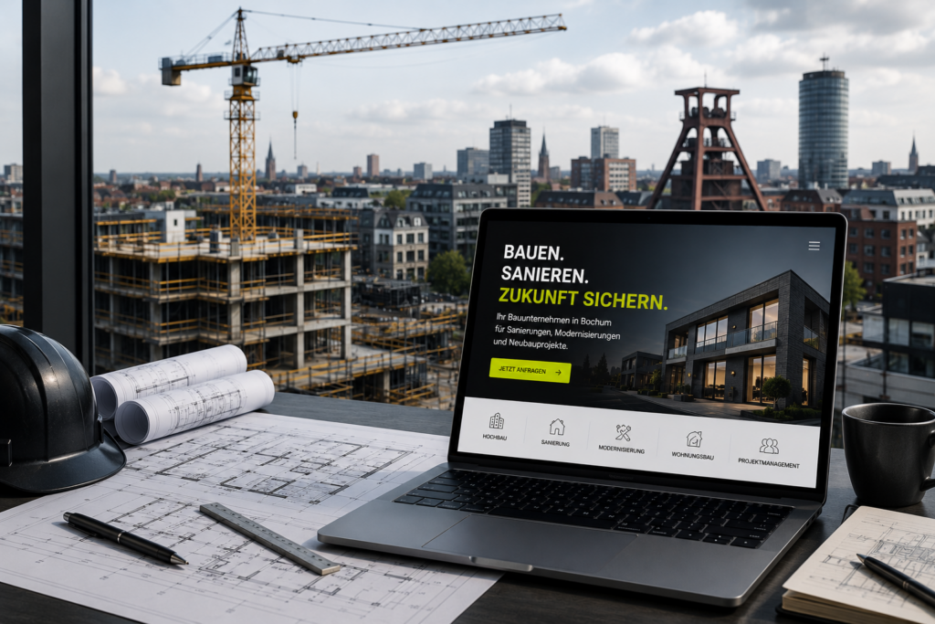 Webdesign Bauunternehmen Bochum, SEO Bauunternehmen Bochum, Website Bauunternehmen Bochum, Local SEO Bauunternehmen, Bauunternehmen Kunden gewinnen
