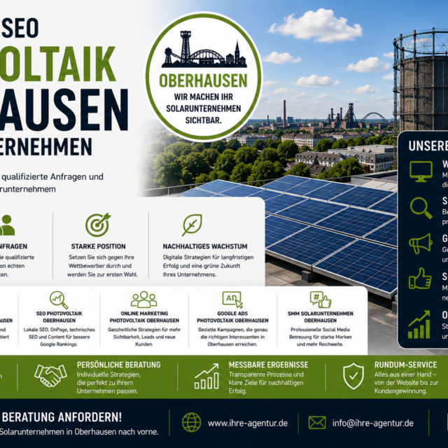 Marketing banner promoting Oberhausen solar services: large headline, city skyline, and solar panels with company logo nearby.