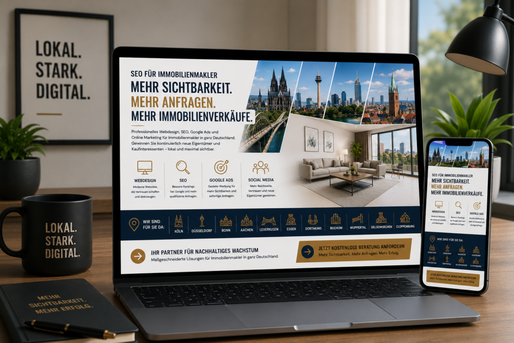 SEO für Immobilienmakler, Webdesign Immobilienmakler, Google Ads und Online Marketing für Makler. Mehr Eigentümeranfragen und Immobilienverkäufe.