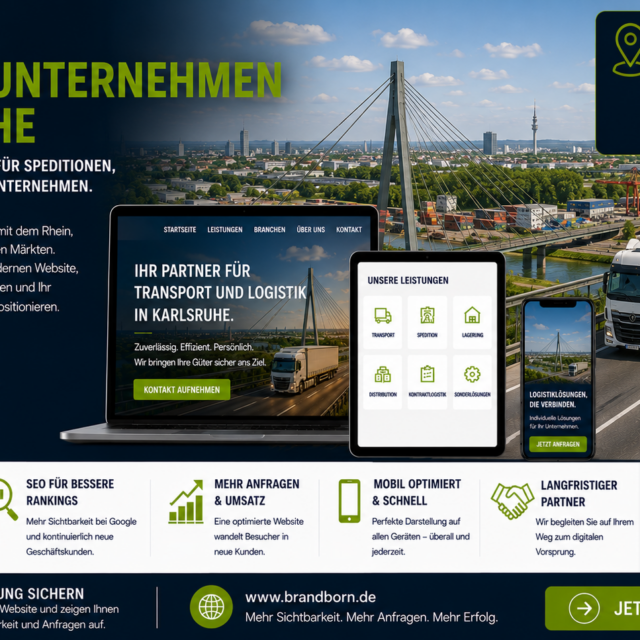 Hero banner promoting Karlsruhe logistics websites for shipping and transportation services; shows a cityscape with a bridge, a truck on a highway, and devices (laptop, tablet, phone) displaying the services.