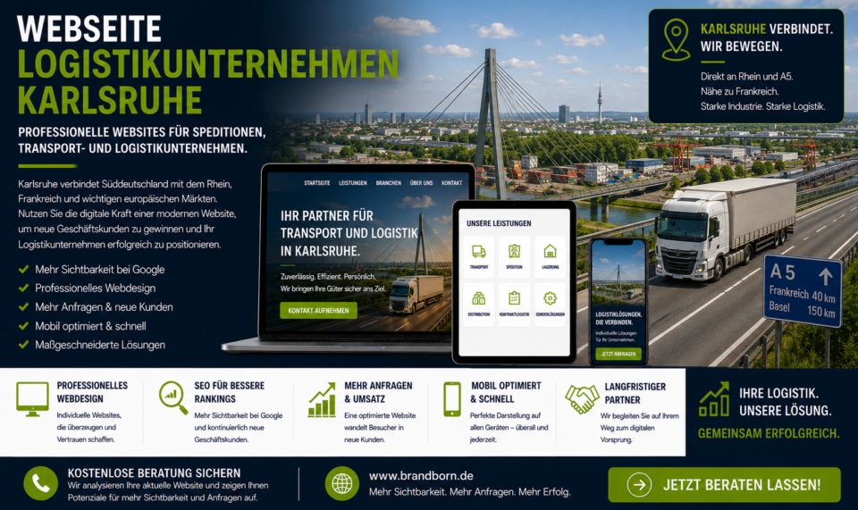 Webseite Logistikunternehmen Karlsruhe Webdesign, Webdesign Logistikunternehmen Karlsruhe, Website für Spedition Karlsruhe, SEO Logistikunternehmen Karlsruhe - Brand Born Website SEO SMM Digital Marketing Hero banner promoting Karlsruhe logistics websites for shipping and transportation services; shows a cityscape with a bridge, a truck on a highway, and devices (laptop, tablet, phone) displaying the services.