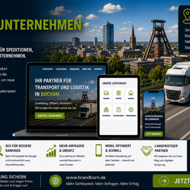Bochum-Logistik-Website im Helden-Layout: Skyline mit Truck und digitalen Geräten, die Transport- und Logistikdienstleistungen zeigen.