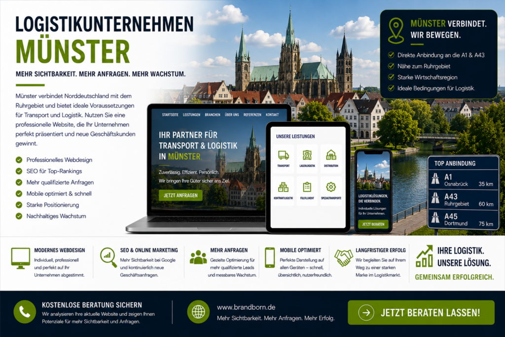 Logistikunternehmen Münster profitieren von professionellem Webdesign Münster SEO und digitalen Strategien für mehr Sichtbarkeit und neue Kundenanfragen.